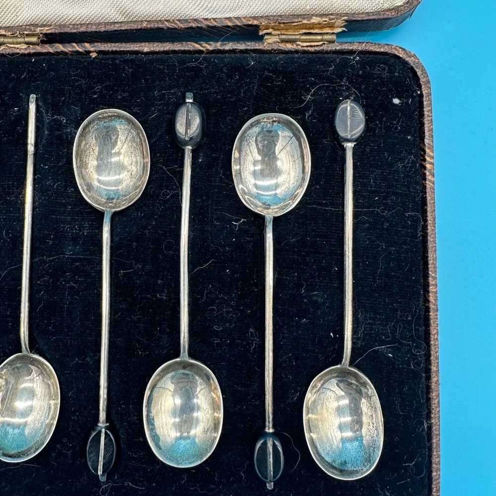 Antique Sterling Silver Coffee Bean Spoons Set Cooper Brothers Sheffield 1924‎